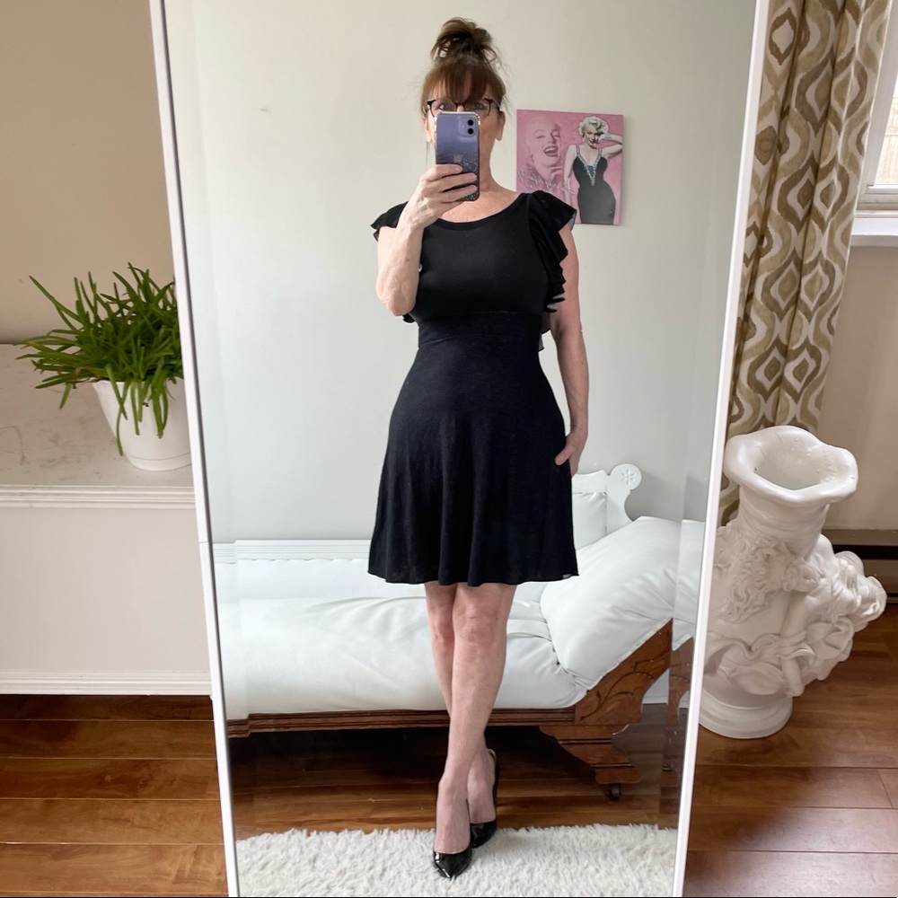NWT FREE PEOPLE BACKLESS SLEEVELESS FIT FLARE DRESS GREY RIBBED KNIT RUFFLES